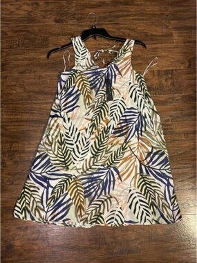Tahari 100% linen V neck Floral Palm Print Dress Womens Xs Summer Beach